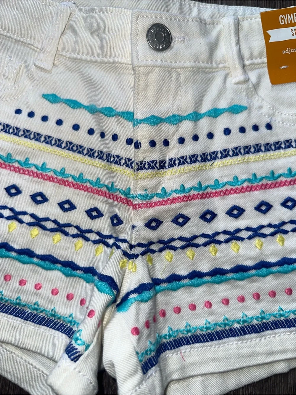 Gymboree White Denim Shorts with Blue and Multicolor Embroidery
